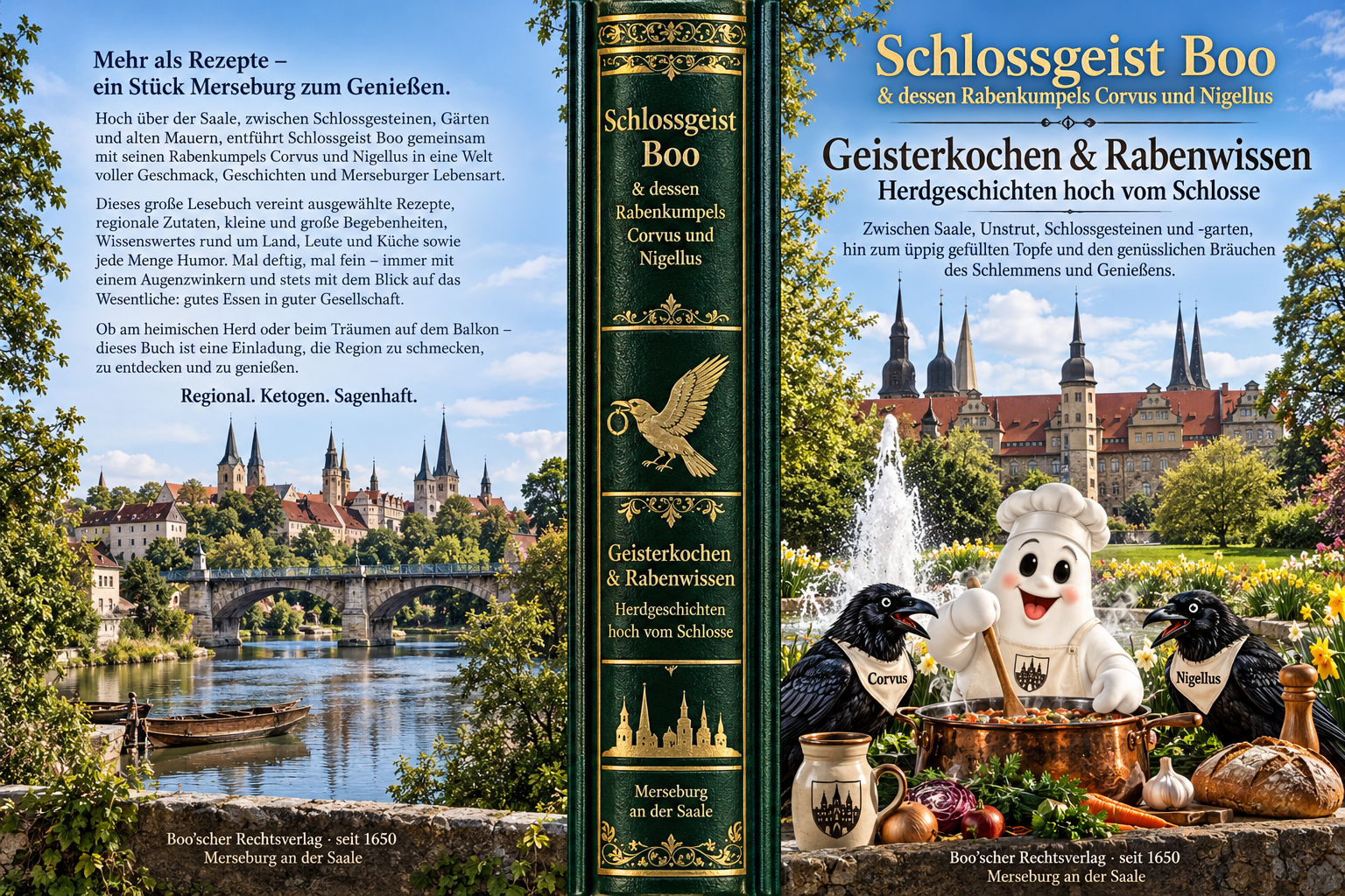 Buchumschlag Geisterkochen und Rabenwissen: Schlossgeist Boo kocht mit Corvus und Nigellus vor dem Merseburger Schloss. Die Rückseite kündigt Rezepte und regionale Geschichten an.