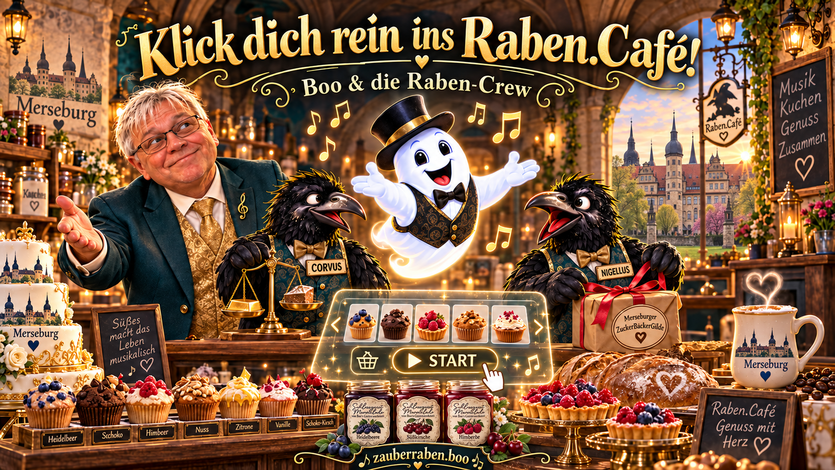 René im festlichen Anzug, Schlossgeist Boo mit Zylinder und die Raben Corvus und Nigellus begrüßen dich im Raben.Café. In der Auslage stehen Kuchen, Brote und Schlossgeist-Marmelade. Durch das Fenster sieht man das Merseburger Schloss.